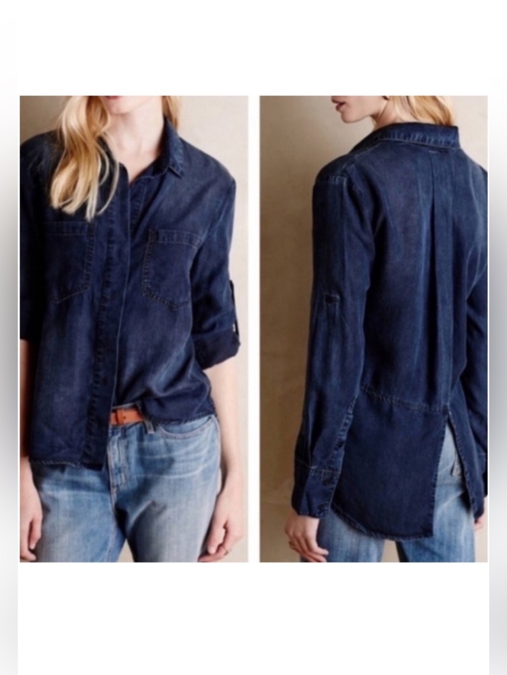 Cloth & Stone dark blue Tencel Lindsay bohemian button down shirt blouse large